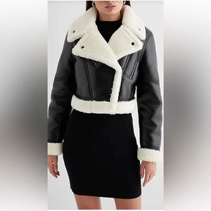 Faux Leather Sherpa Lined Cropped Moto Jacket